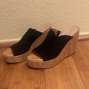 Stuart Weitzman Black and Tan Wedge Sandals
